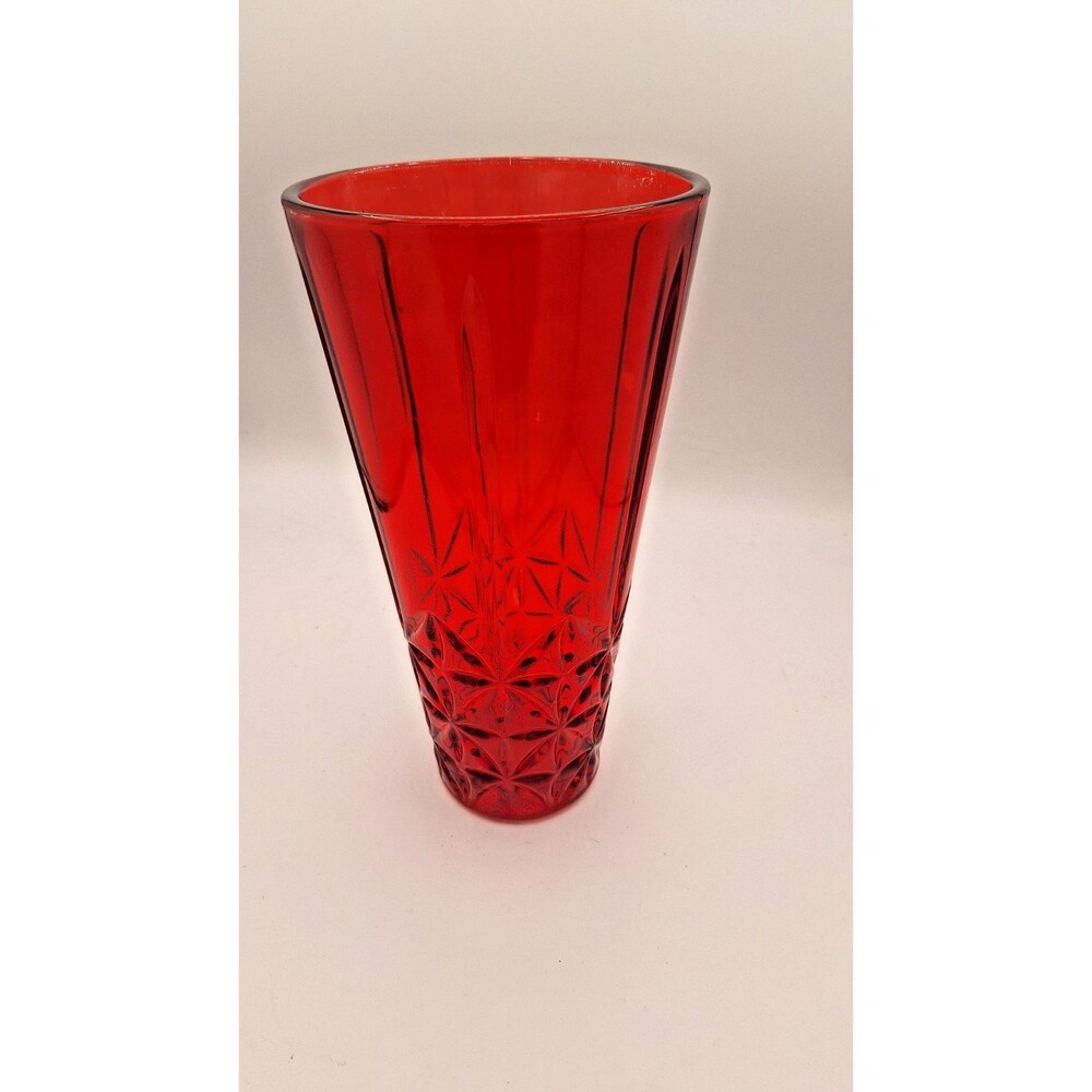 Ruby Red Criss‎ Cross Diamond Design 11.5" Tall Glass Round Cut Flower Vase